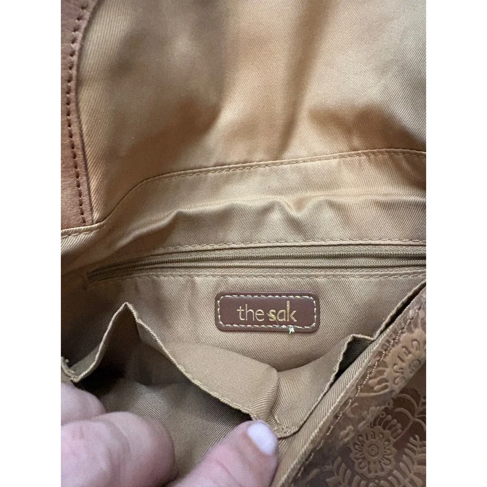 The Sak Tan Leather Embossed Floral Crossbody Bag Studded Boho Messenger
